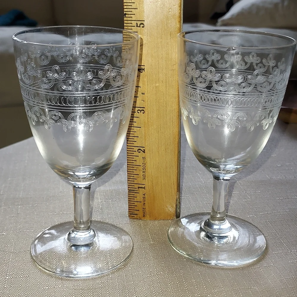 Crystal wine glasses etched scroll art deco art nouveau mcm retro - Picture 6 of 14